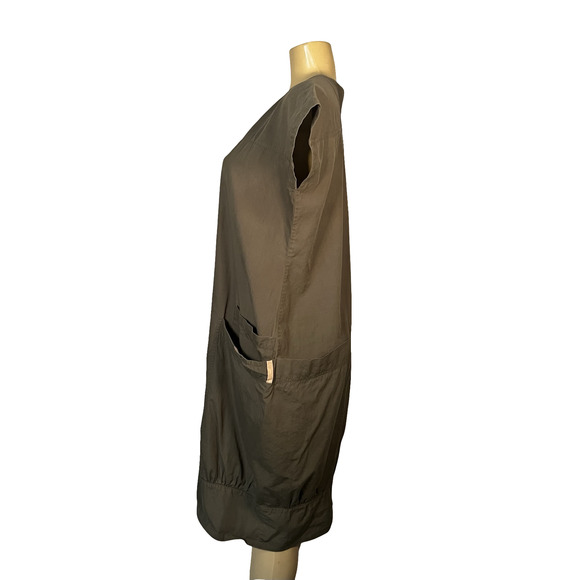 Nicobar Lagenlook Minimalist Dress Womens Medium Olive Green Cap Sleeve Pockets - Picture 6 of 9